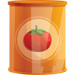 Orange metal can with a clear window showing a ripe red tomato inside illuminated by bright light and isolated on a white background