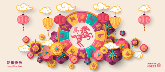 Chinese Colorful Zodiac Wheel banner. Happy New Year 2026 poster. Lunar Horse emblem icon, 3d flowers, japan clouds lanterns background. Vector illustration. China Animals Horoscope. Place for text
