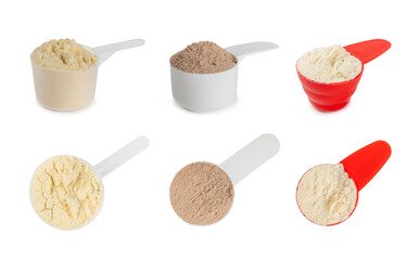Protein powder. A scoop of protein powder isolated on a white background. Different flavors of whey protein powder. Sports nutrition concept. Gym. Amino acid food supplement, creatine powder. 