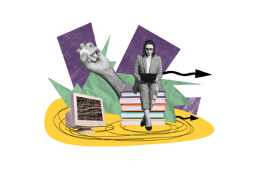 Composite photo collage of serious businesswoman look clipboard sit book stack hand crumpled paper arrow down isolated on painted background