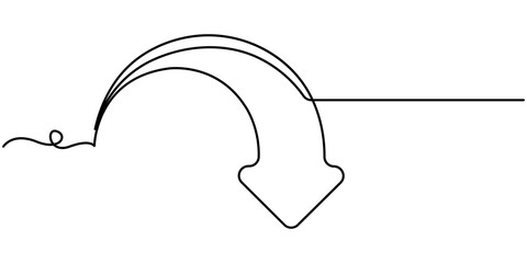 continuous one line drawing curved arrow, pointing design outline vector illustration, isolated on whit background. 