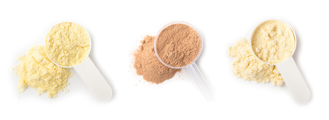 Protein powder. A scoop of protein powder isolated on a white background. Different flavors of whey protein powder. Sports nutrition concept. Gym. Amino acid food supplement, creatine powder. 