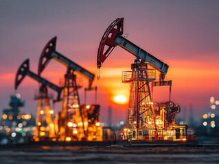 Fototapeta premium Oil pumpjacks in Saudi Arabian desert image