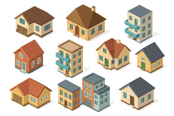 3D house. Buildings in town isometric view. Real estate. Home with roof chimney and terrace balcony. Suburban villa design. Cartoon construction. Suburb architecture. Vector icons set. Home icon.