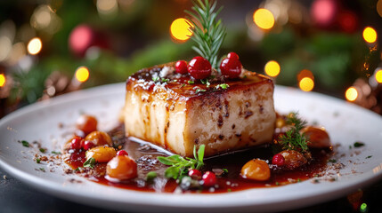 Succulent foie gras on a white porcelain dish with fresh rosemary sprigs, ready to be served, making a sophisticated and delicious meal with blurred holiday decorations in the background