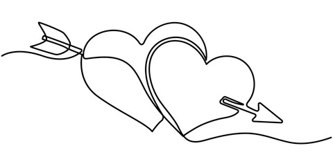 Continuous line drawing heart with arrow. Vector illustration isolated on white background, minimalist outline draw. 