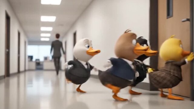 Corporate Ducks Sprinting Down Office Hallway, Chasing Goals, Cartoon Style