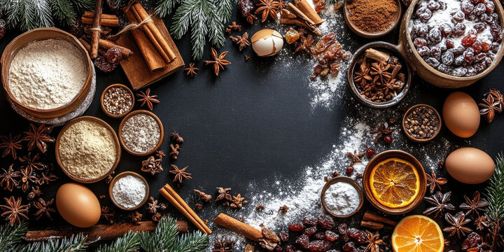 Christmas pudding ingredients - flour, eggs, dried fruits, nuts and warm spices arranged in a rustic flat lay border around an empty central flour space on dark wood