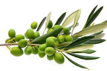 A vibrant branch of green olives and lush leaves on white