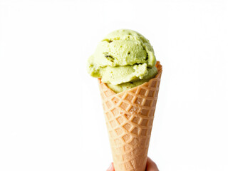 A scoop of vibrant pistachio gelato in a classic waffle cone Green ice cream scoop in waffle cone held by hand  