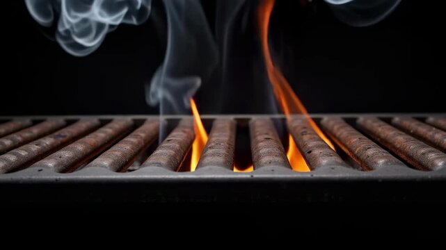 Hot grill flames ignite with swirling smoke promising delicious barbecue, perfect for summer gatherings and outdoor cooking content.