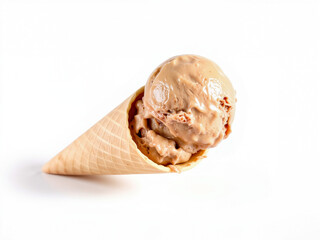 creamy hazelnut gelato scoop in a sugar cone Ice cream cone with creamy brown scoop on a white background  