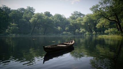 Obraz premium Serene wooden boat floating on tranquil lake surrounded by lush green trees and natural beauty