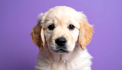 A golden retriever puppy stares forward, centered against a solid lavender background. Close-up of a puppy's face