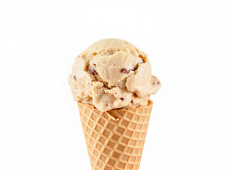Ice cream cone with creamy vanilla flavor and nuts on white background  
