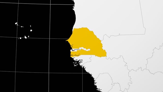 Senegal map. Animated zoom into the country on the Globe in Black White color palette. Country logo animation. Map with meridians, parallels. Beautiful video.