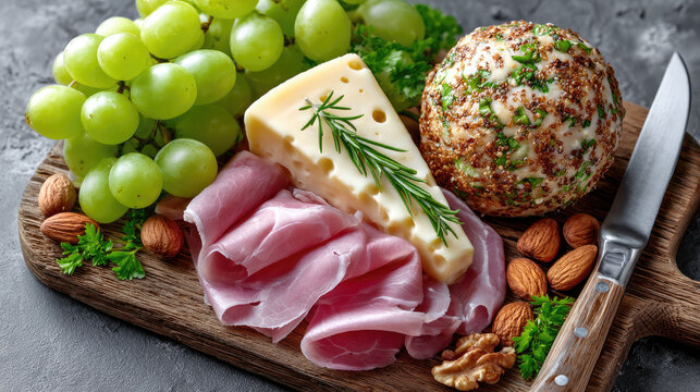 Appetizer board presenting a savory selection of ham, Edam cheese, fresh green grapes, almonds, and walnuts, creating a rich and delightful culinary experience