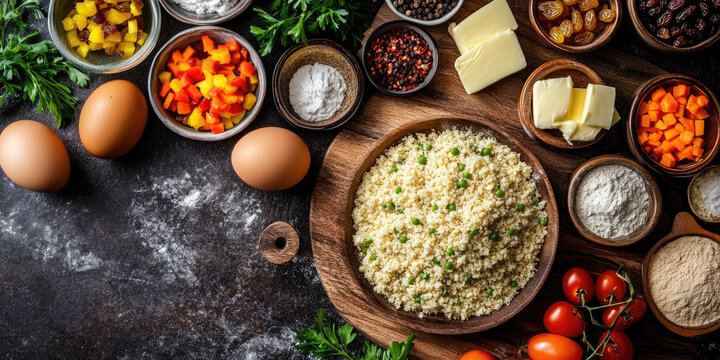 Preparing Brazilian farofa with toasted cassava flour, raisins, colorful bell peppers, eggs, and butter, arranging all ingredients on a rustic wooden board