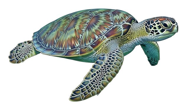 A beautiful green sea turtle gracefully swimming underwater in the ocean