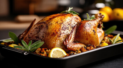 Beautifully roasted whole turkey with golden, crispy skin on a bed of savory stuffing, garnished with fresh sage and lemon slices for a festive holiday meal