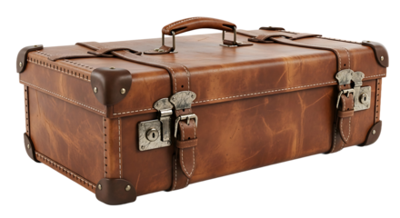 Classic Brown Leather Vintage Suitcase with Straps, Buckles, and Metallic Hardware, Isolated on Black