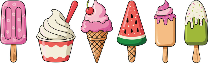 Colorful ice cream collection, summer dessert set with popsicle, cone, cup, and watermelon ice cream, sweet frozen treats illustration art