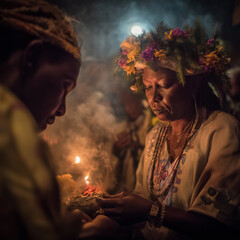 Participants engage in a sacred Vodou ceremony, illuminated by candlelight, deep in the night Generative AI