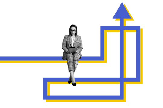 Composite photo collage of serious businesswoman surf ipad device arrow point up development concept career isolated on painted background