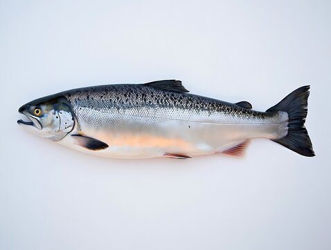 A fresh silver salmon displayed against a plain white background