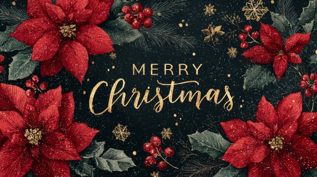 christmas background with holly and with poinsettia