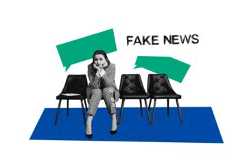 Composite trend artwork sketch image collage of speech cloud fake news misleading propaganda young lady sit chair sit sad bad mood