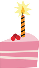 Delicious pink birthday cake slice with candle and berries, sweet dessert illustration, celebration food concept, festive party decoration, vector art.