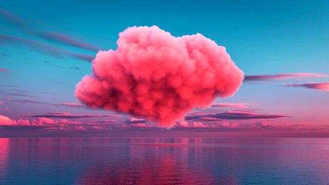 A pink cloud shaped like a heart floats above the water, reflecting and refracting its colors across the surface.