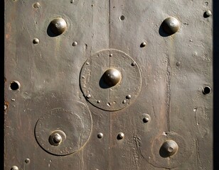 Ornate metal door with circular shields and studded accents