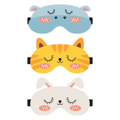 Animal Hippo, Cat, Rabbit Sleeping Mask Collection Cartoon Icon Illustration