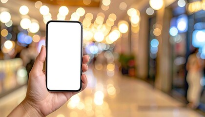 Hand Holding A White Screen Smartphone With Blurry Bokeh Lights Background And Shopping Mall Interior