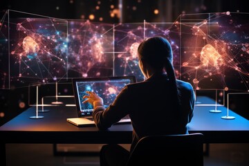 A Woman Analyzing Data with Advanced Visualizations and Neural Networks for Future Technology