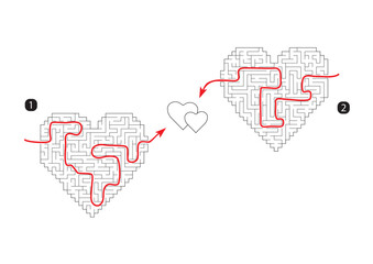 Complex maze puzzle game (high level of difficulty) for two person. Heart as a labyrinth. Puzzle for St. Valentine Day (14 February). labyrinth with 2 hearts No.1 the search for love