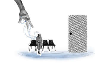 Composite photo collage of scared girl sit chair hand choose fired employee out door bullying concept abuse isolated on painted background