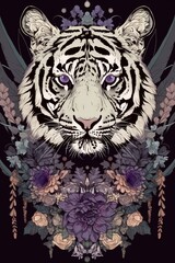 Obraz premium Detailed illustration of tiger surrounded by vibrant flowers, showcasing intricate textures and colors, with decorative background, emphasizing nature's beauty and artistic expression. animal