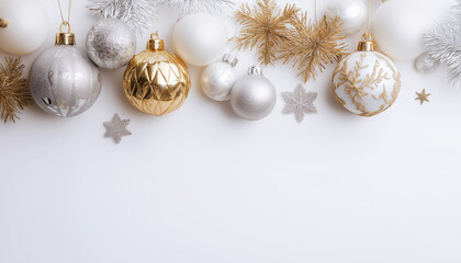 Fototapeta premium Festive ornaments in gold, silver, and white create a joyful atmosphere for the holiday season Generative AI