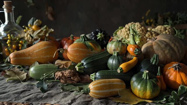 A rustic autumn harvest still life arrangement with pumpkins, gourds, and squash on a weathered wooden table