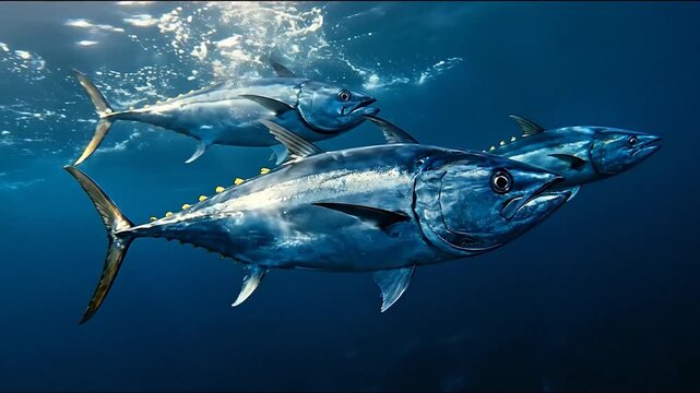 Three powerful tuna swim together through sunlit ocean depths