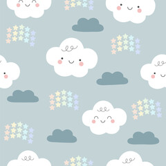 seamless  smiling cloud and pastel rainbow star  pattern , vector , illustration