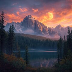 Stunning mountain landscape with vibrant sunset and full moon reflecting on the lake's surface