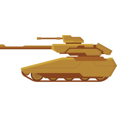 Modern armored military tank vehicle with a large cannon and tracks in a stylized flat design isolated on a transparent background