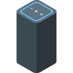 Modern Black Tower Speaker with Blue LED Accent Light and Top Control Panel Featuring Volume and Mute Symbols Rendered in a Clean Isometric Perspective