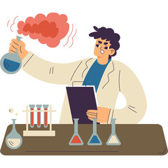 Scientist Holding Flask with Red Smoke Performing Experiment at Table with Test Tubes and Beakers in Laboratory Setting With Transparent Background