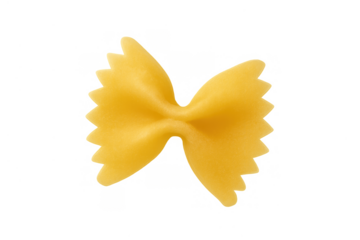 Single yellow bow tie farfalle pasta piece uncooked ingredient for italian cuisine meal, transparent background