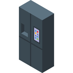 Modern Dark Gray Refrigerator With Digital Touchscreen Display Showing Colorful Icons And Square Shaped Door Panel With Integrated Ice Maker On Transparent Background